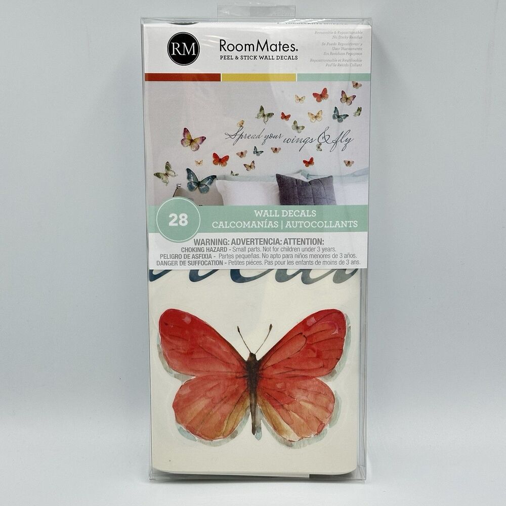 New RoomMates Butterflies Peel And Stick Wall decals 28 Pack Blue Orange Green